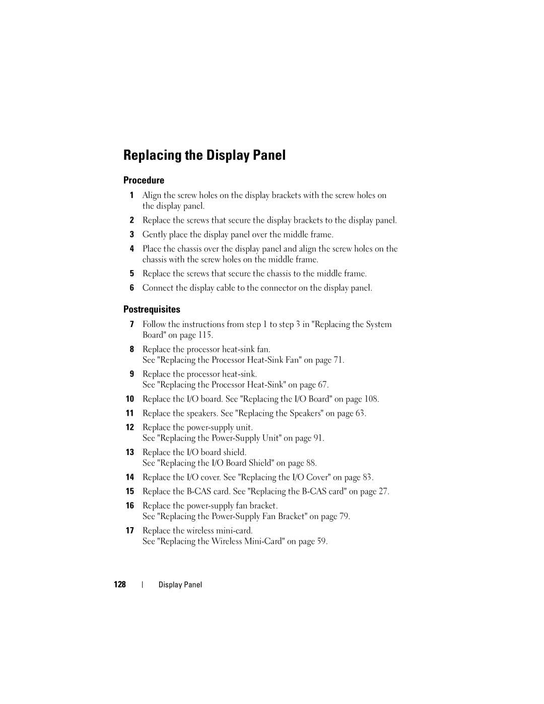 Dell 2330 owner manual Replacing the Display Panel, 128 