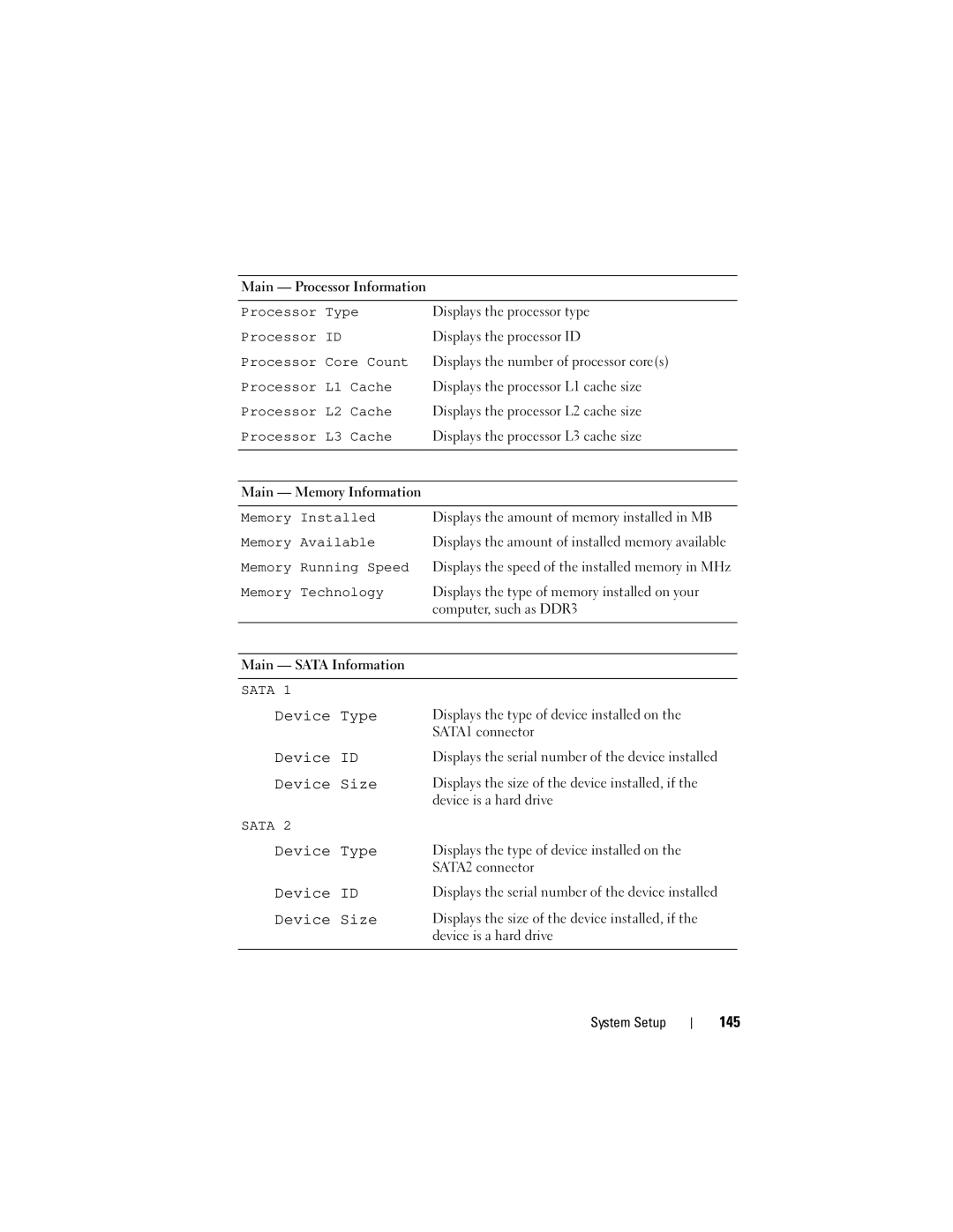 Dell 2330 owner manual Device Type Device ID Device Size, 145 