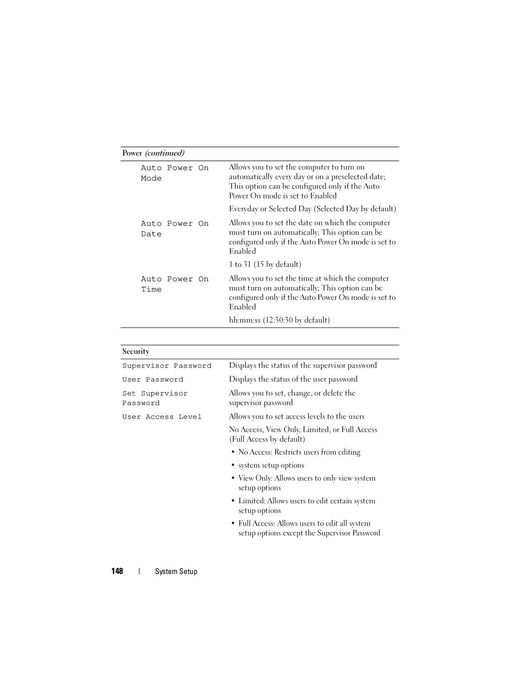 Dell 2330 owner manual Auto Power On Mode Auto Power On Date Auto Power On Time, 148 