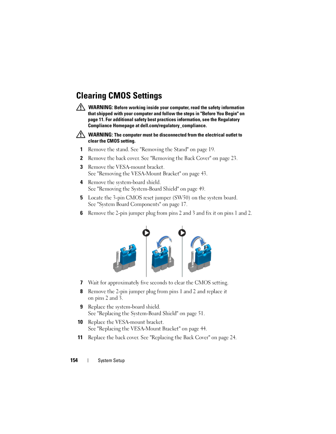 Dell 2330 owner manual Clearing Cmos Settings, 154 