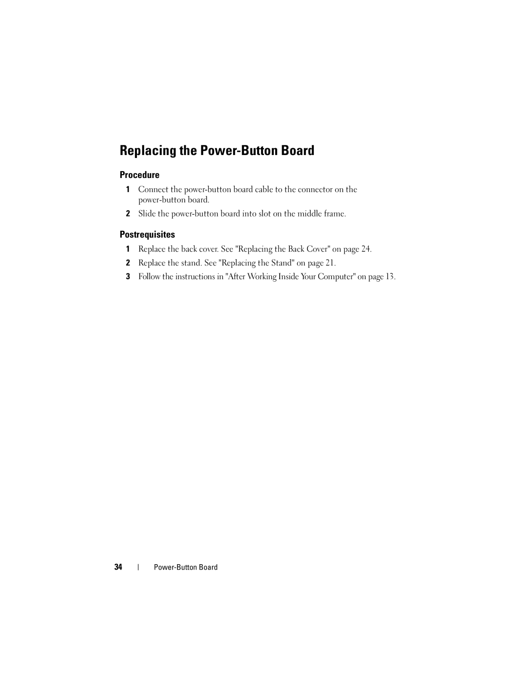 Dell 2330 owner manual Replacing the Power-Button Board 