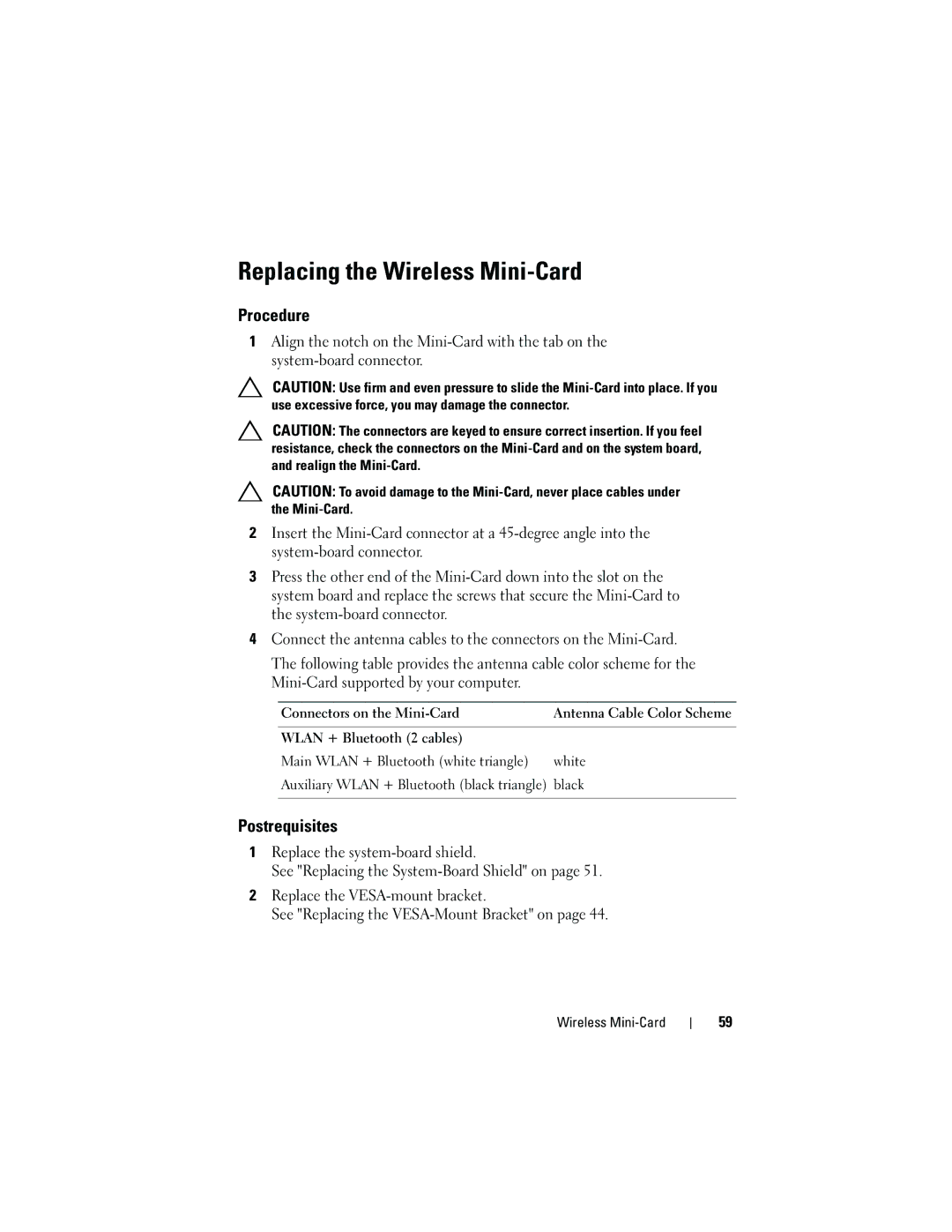 Dell 2330 owner manual Replacing the Wireless Mini-Card, Wlan + Bluetooth 2 cables 