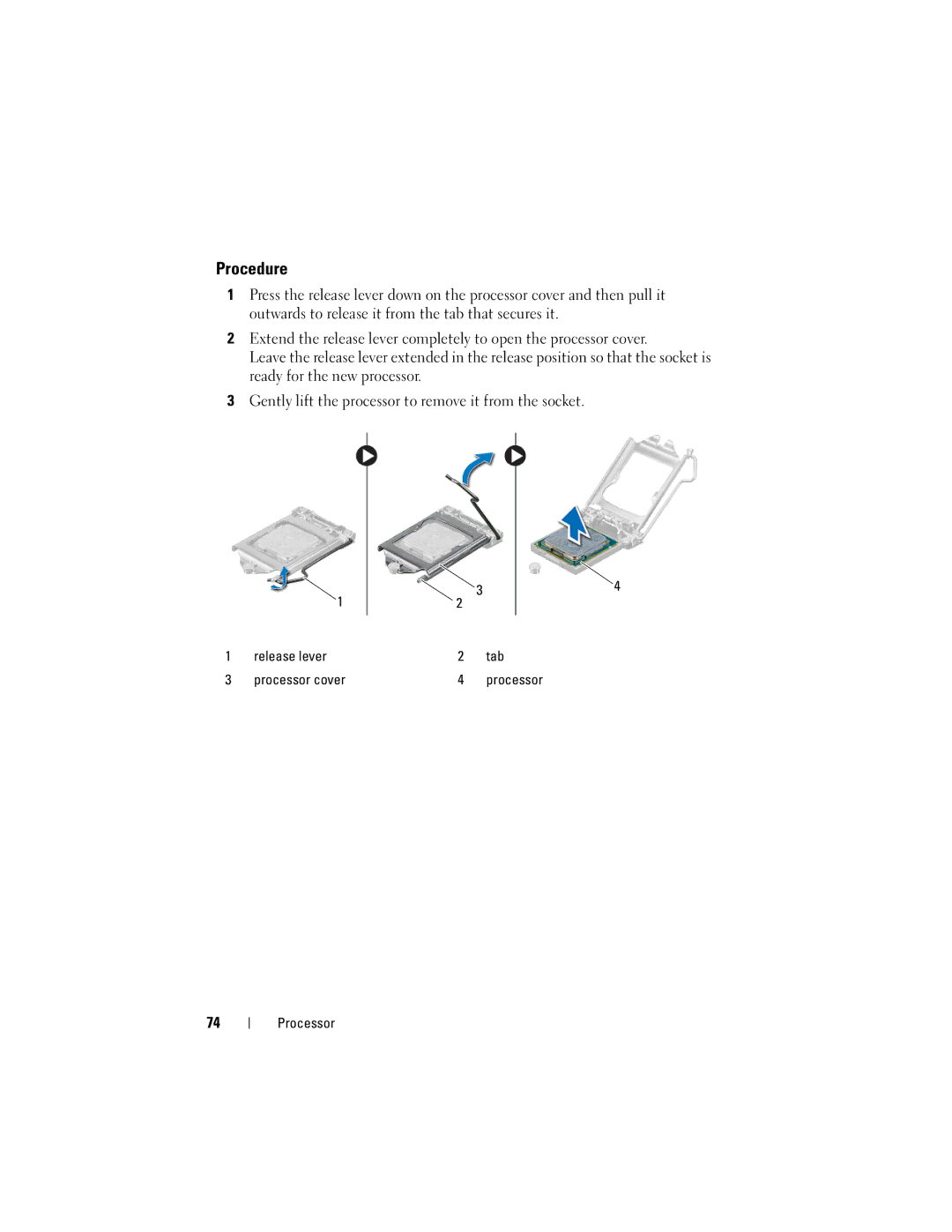 Dell 2330 owner manual Release lever Tab Processor cover 