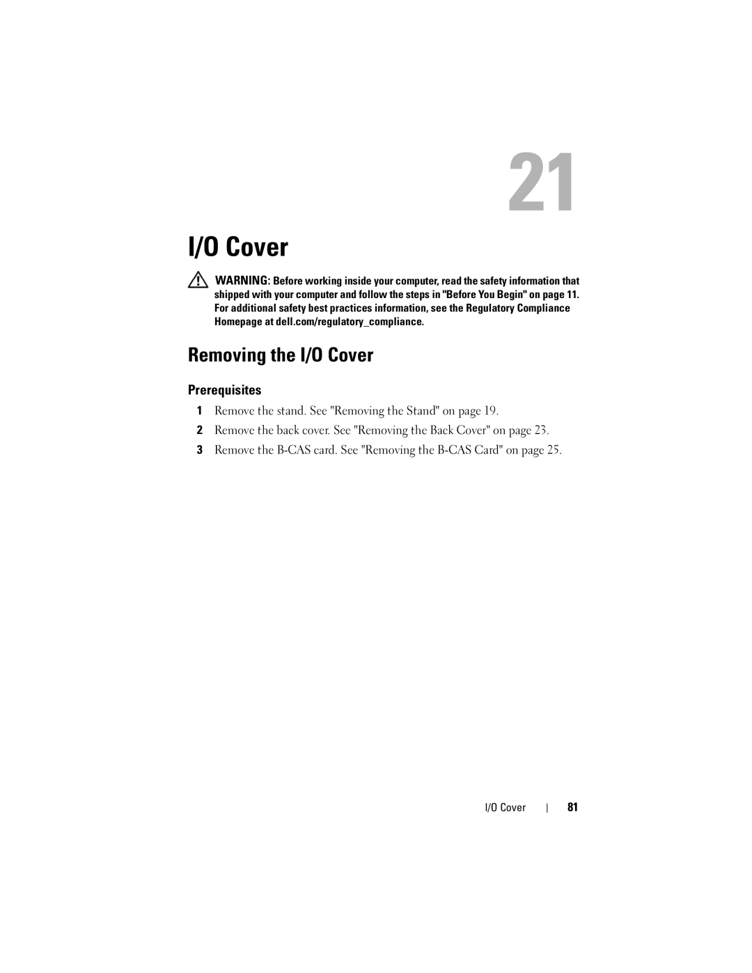 Dell 2330 owner manual Removing the I/O Cover 