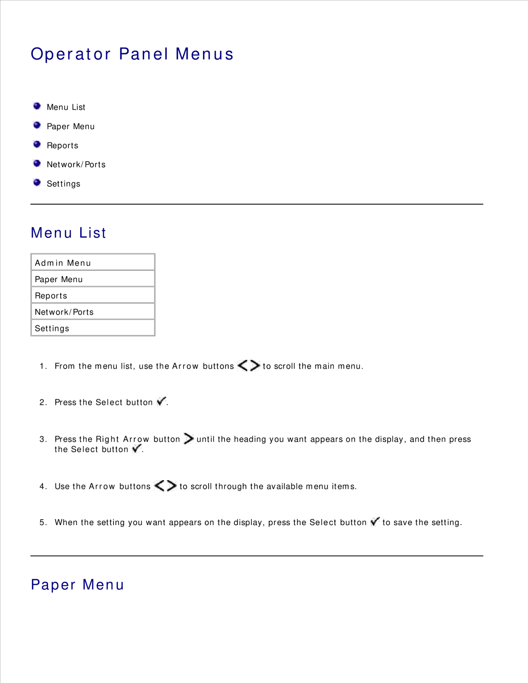 Dell 2330D/DN, 2350D/DN manual Operator Panel Menus, Menu List, Paper Menu, Admin Menu 