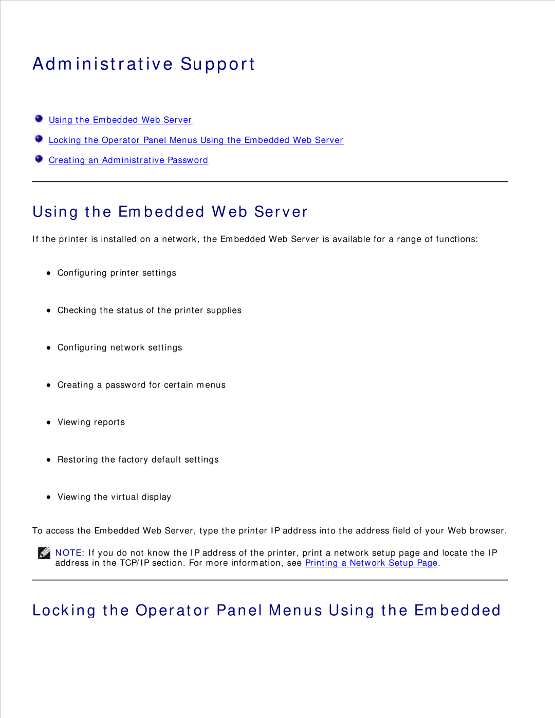 Dell 2330D/DN Administrative Support, Using the Embedded Web Server, Locking the Operator Panel Menus Using the Embedded 