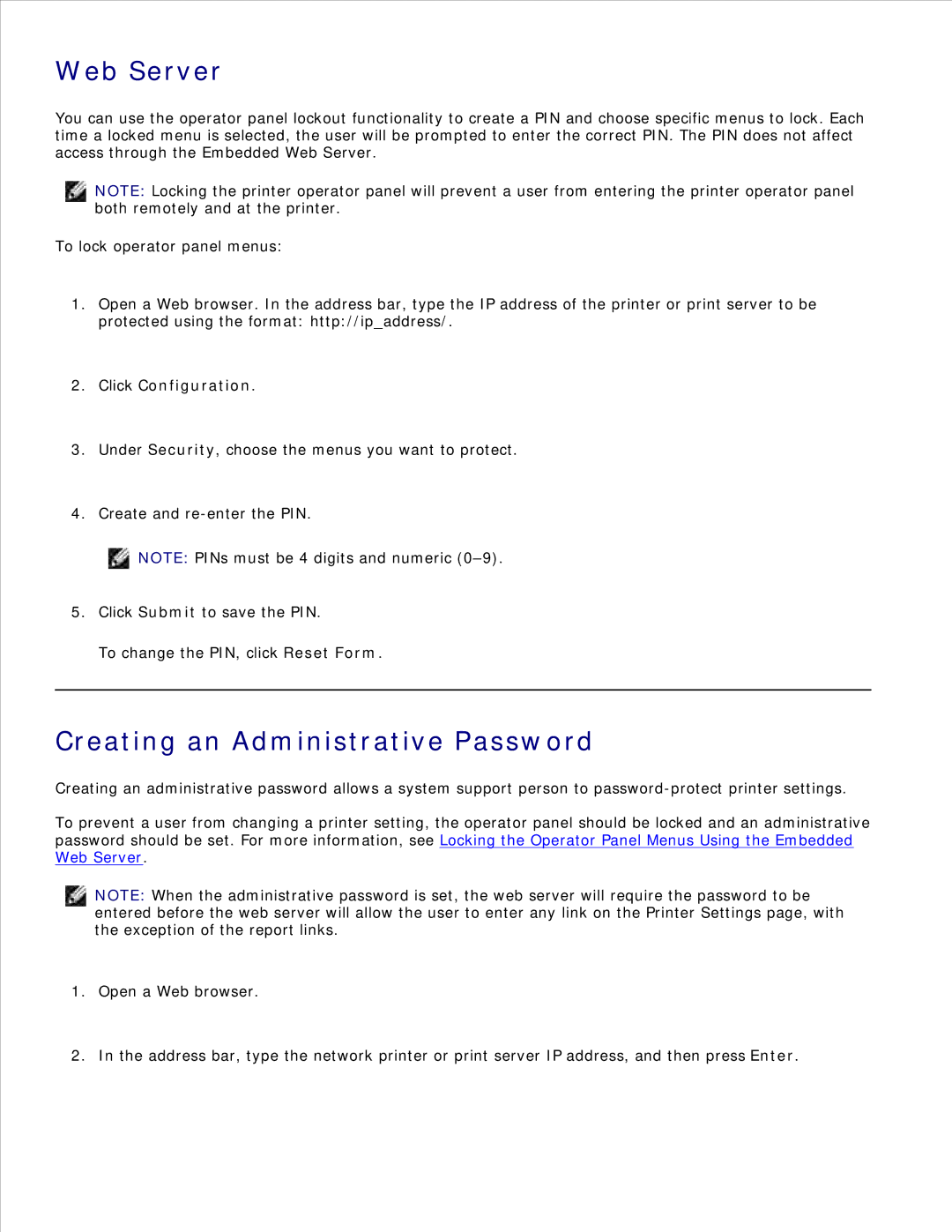 Dell 2350D/DN, 2330D/DN manual Web Server, Creating an Administrative Password, Click Configuration 