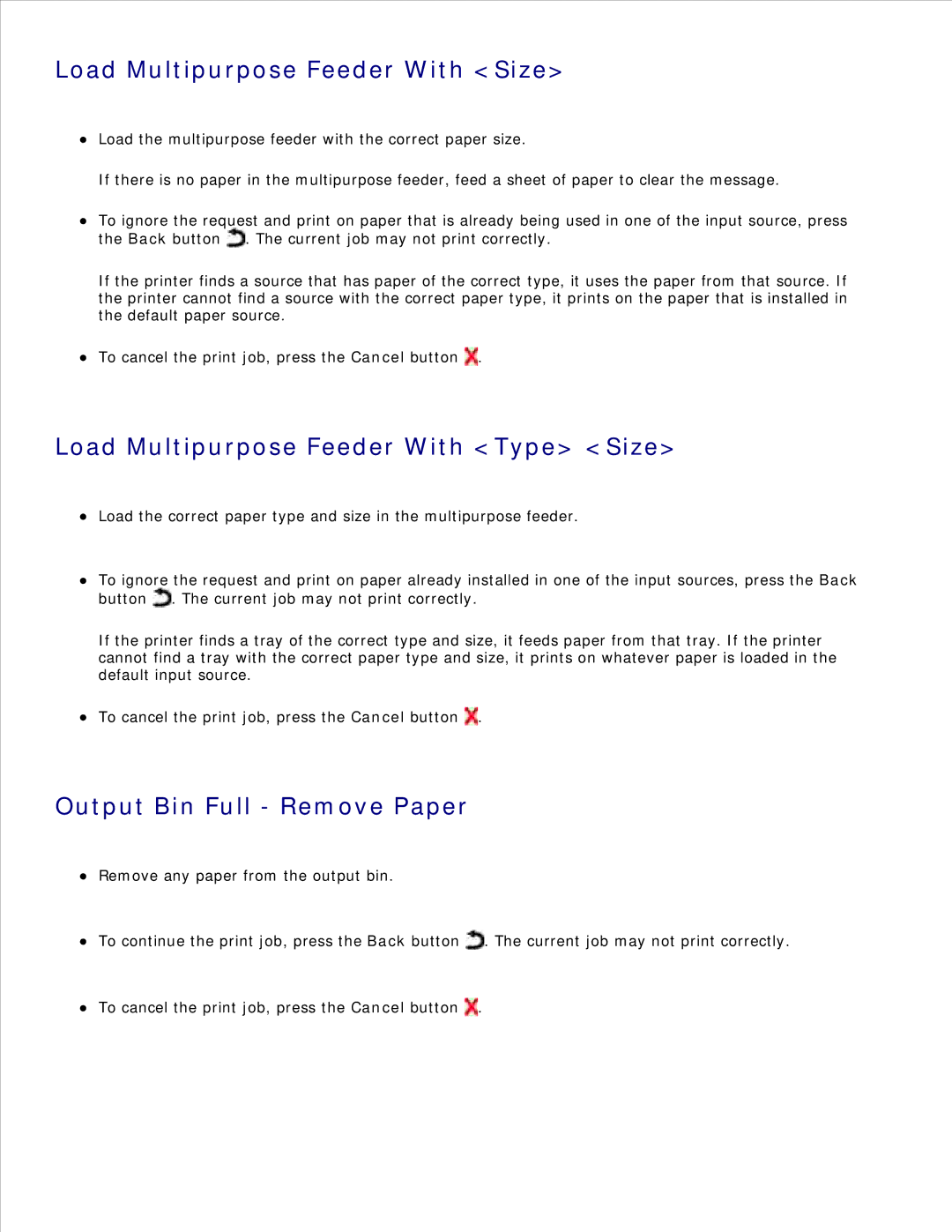 Dell 2350D/DN Load Multipurpose Feeder With Size, Load Multipurpose Feeder With Type Size, Output Bin Full Remove Paper 