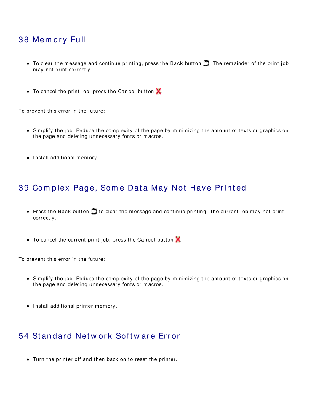 Dell 2330D/DN, 2350D/DN manual Memory Full, Complex Page, Some Data May Not Have Printed, Standard Network Software Error 