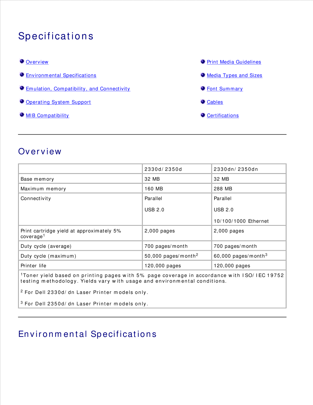 Dell 2330D/DN, 2350D/DN manual Overview, Environmental Specifications, 2330d/2350d 2330dn/2350dn 