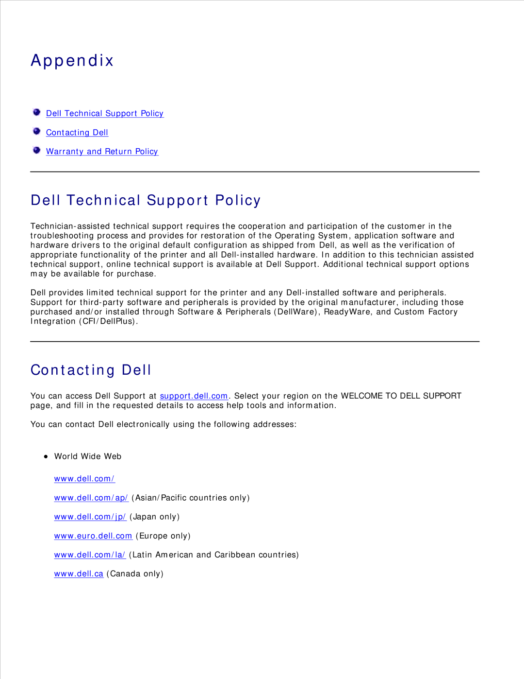 Dell 2330D/DN, 2350D/DN manual Appendix, Dell Technical Support Policy, Contacting Dell 