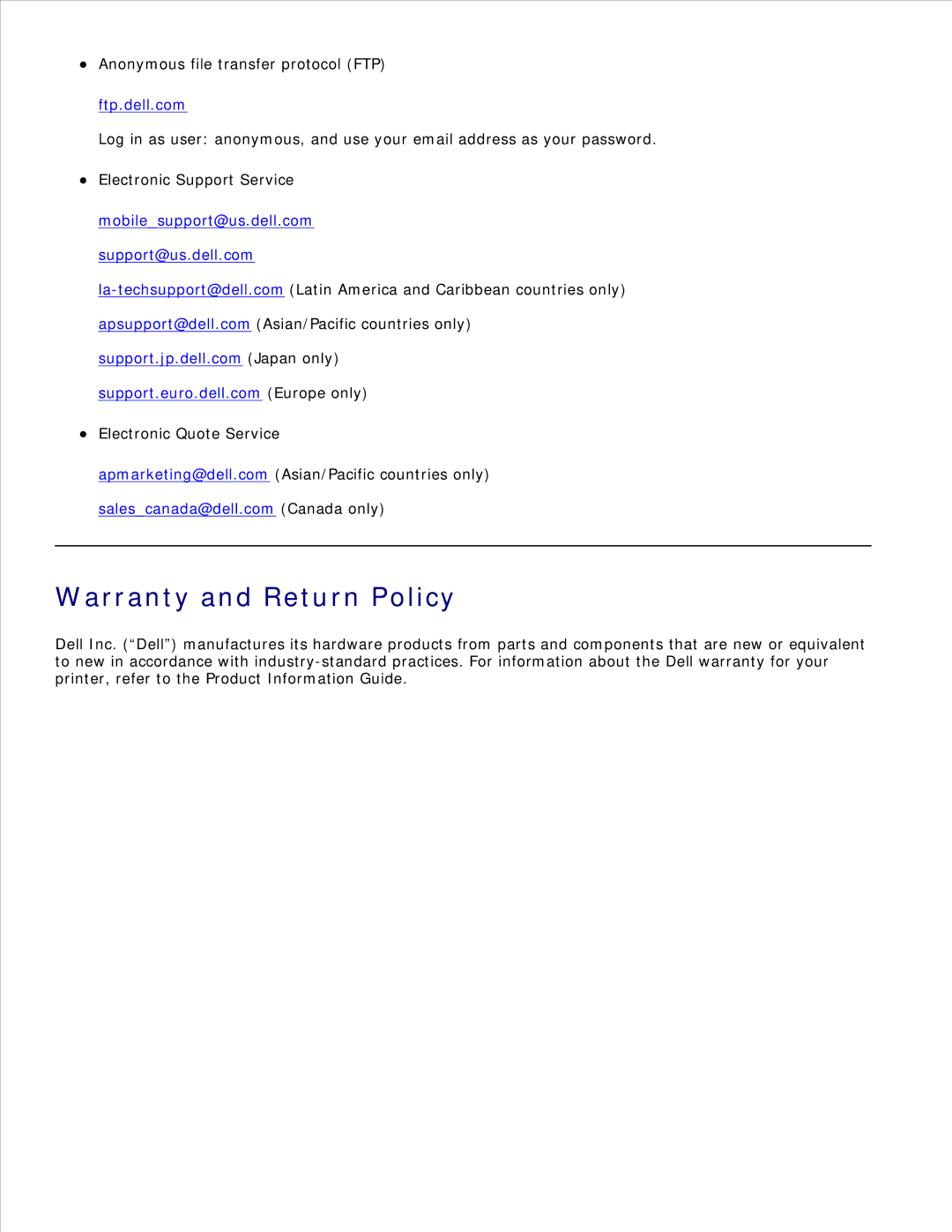 Dell 2350D/DN, 2330D/DN manual Warranty and Return Policy, Ftp.dell.com 