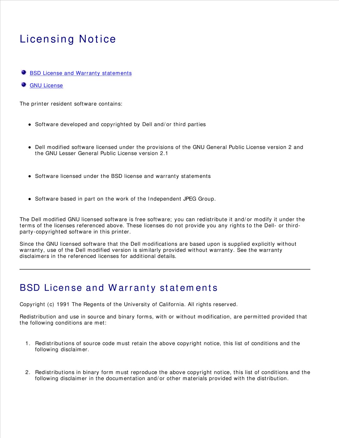 Dell 2330D/DN, 2350D/DN manual Licensing Notice, BSD License and Warranty statements 