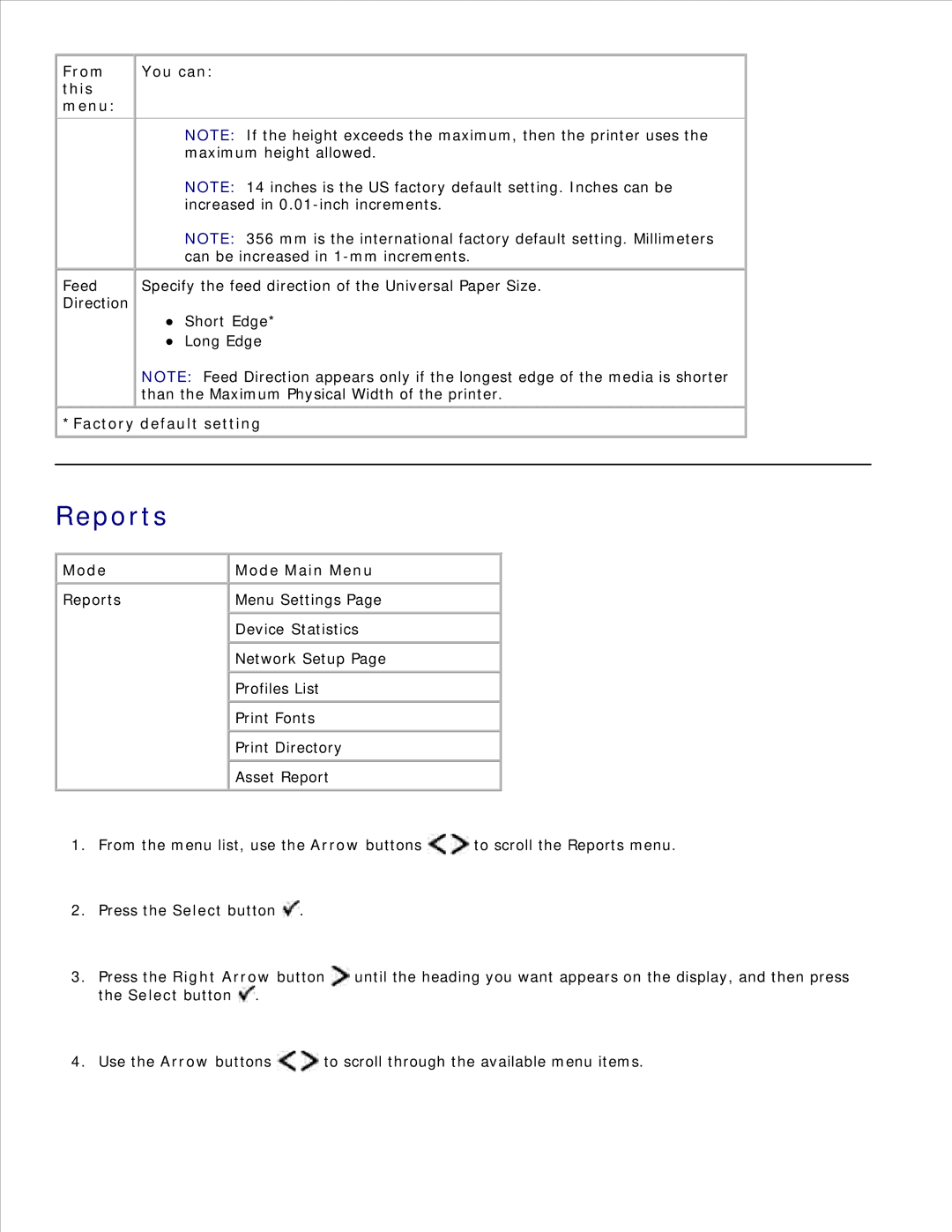 Dell 2350D/DN, 2330D/DN manual Reports, Mode Mode Main Menu 