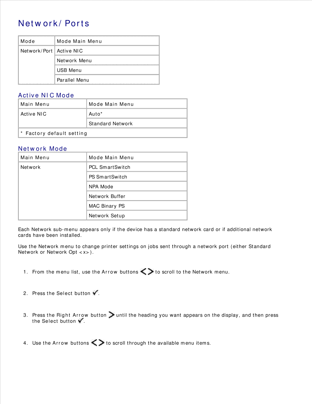 Dell 2350D/DN, 2330D/DN manual Network/Ports, Active NIC Mode, Network Mode 