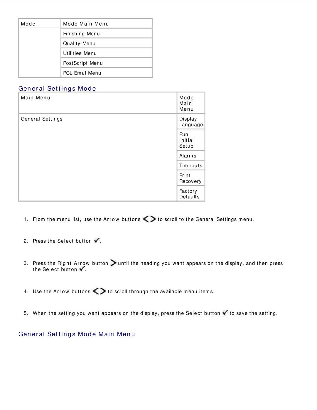 Dell 2350D/DN, 2330D/DN manual General Settings Mode Main Menu 