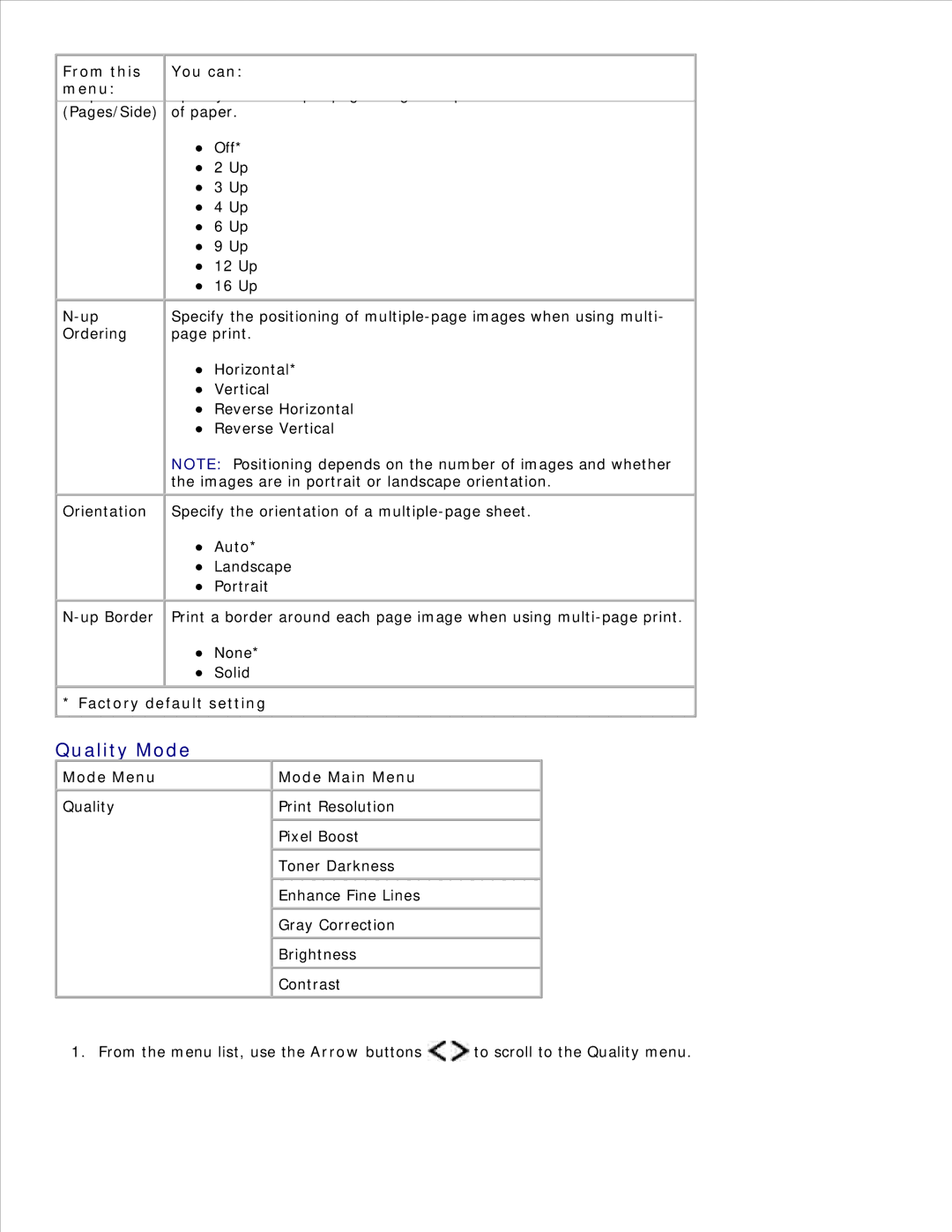 Dell 2350D/DN, 2330D/DN manual Quality Mode, Mode Menu 