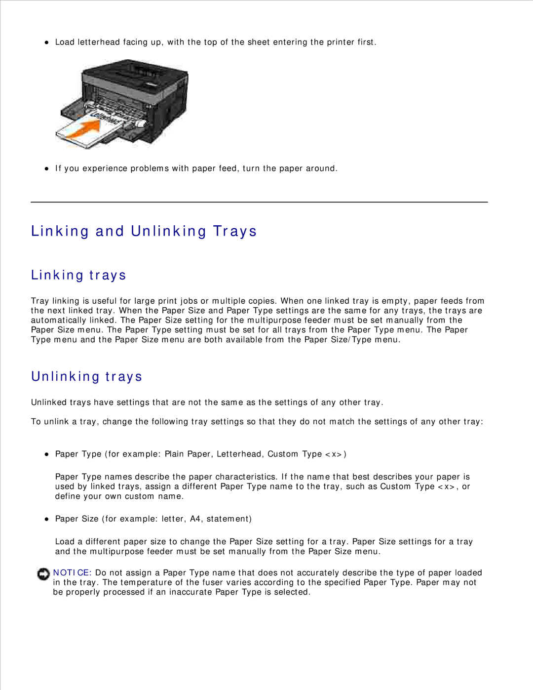 Dell 2350D/DN, 2330D/DN manual Linking and Unlinking Trays, Linking trays, Unlinking trays 