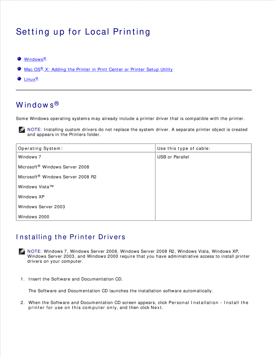 Dell 2330D/DN, 2350D/DN manual Setting up for Local Printing, Windows, Installing the Printer Drivers 