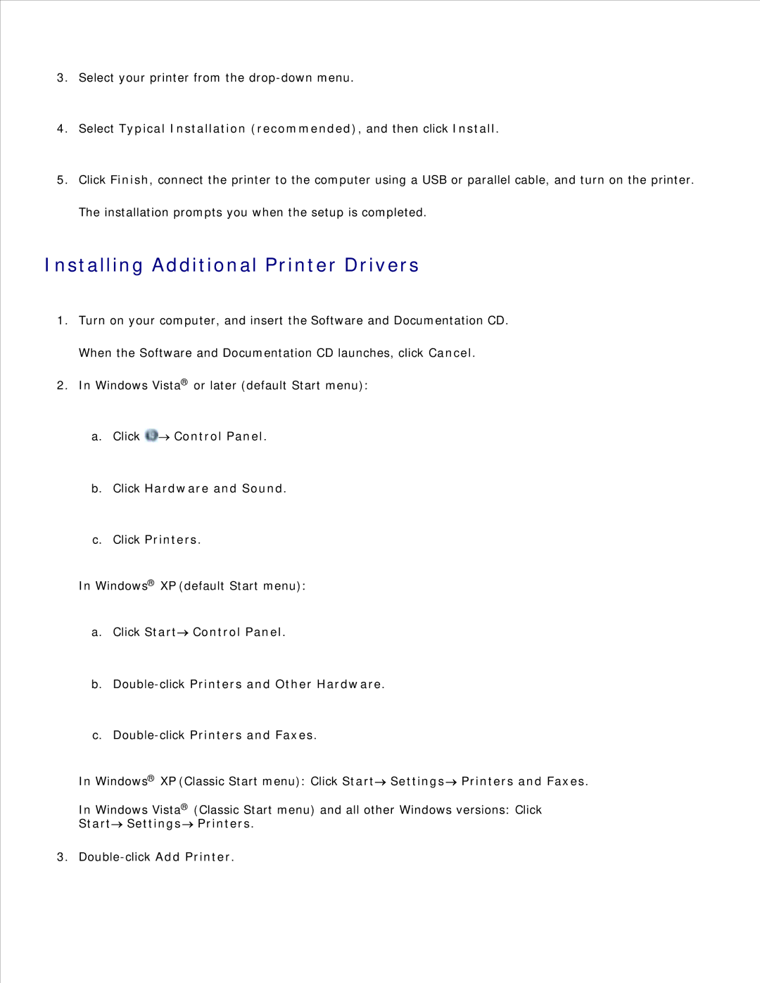 Dell 2350D/DN, 2330D/DN manual Installing Additional Printer Drivers, Start Settings Printers 