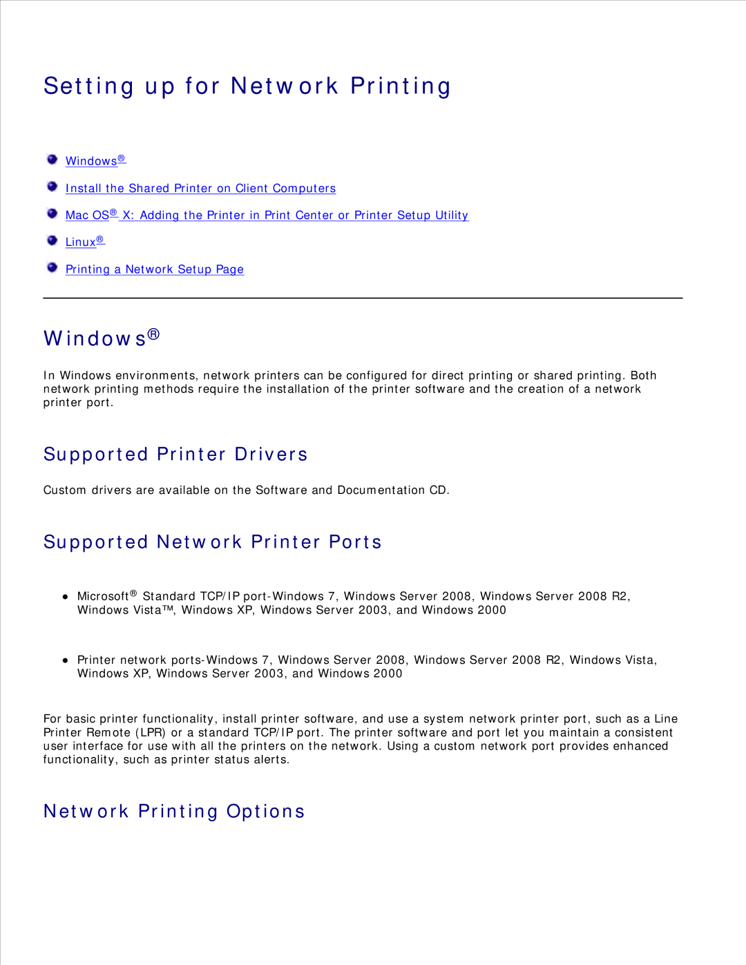 Dell 2350D/DN, 2330D/DN manual Setting up for Network Printing, Supported Printer Drivers, Supported Network Printer Ports 