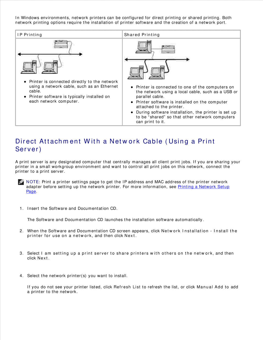 Dell 2330D/DN, 2350D/DN manual Direct Attachment With a Network Cable Using a Print Server, IP Printing Shared Printing 