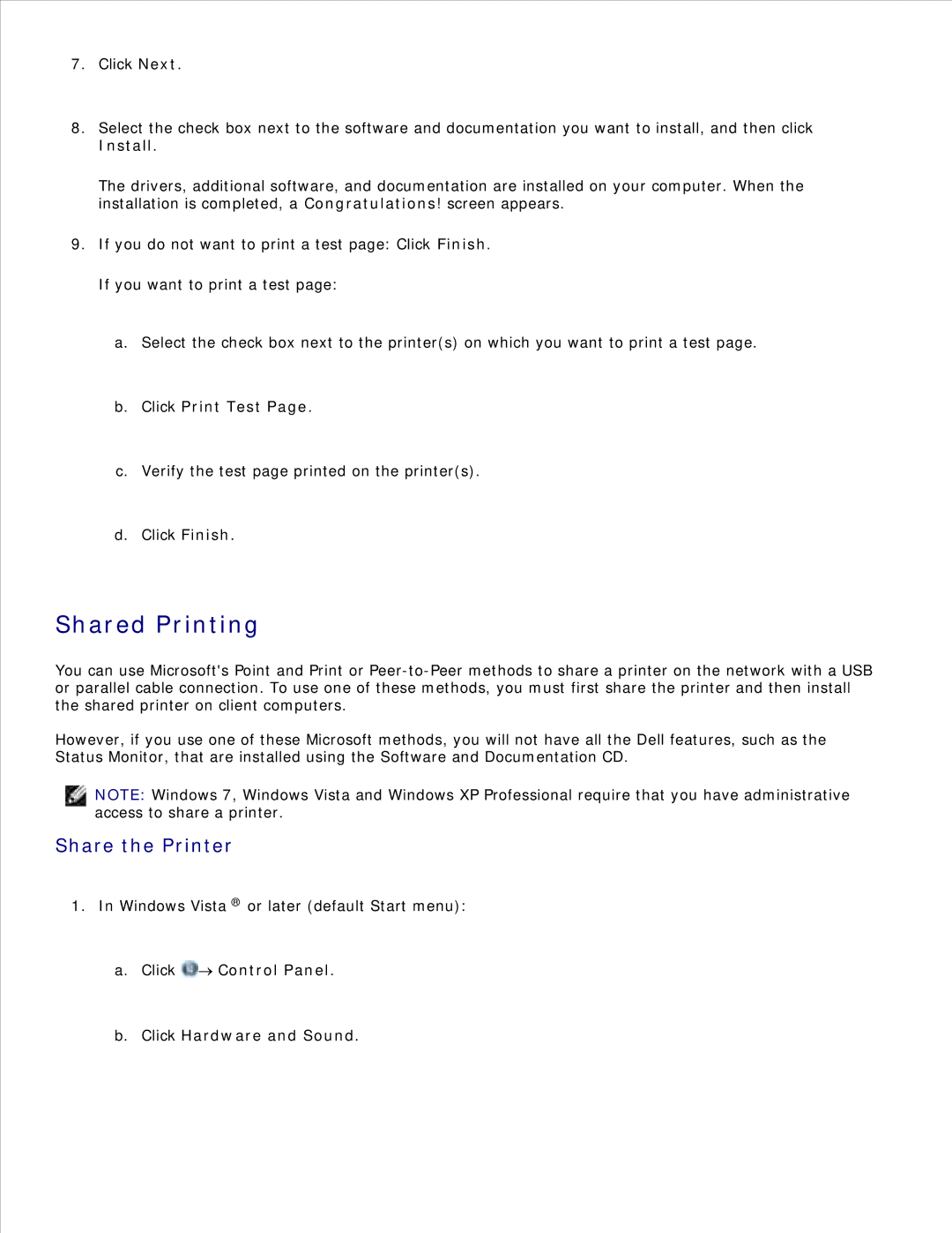 Dell 2350D/DN, 2330D/DN manual Shared Printing, Share the Printer, Click Control Panel Click Hardware and Sound 