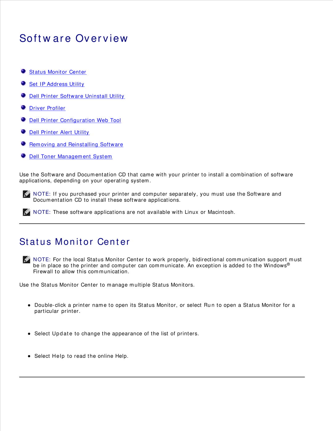 Dell 2330D/DN, 2350D/DN manual Software Overview, Status Monitor Center 