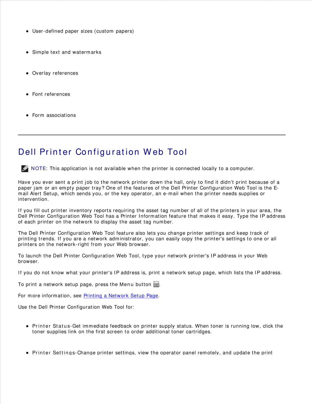 Dell 2350D/DN, 2330D/DN manual Dell Printer Configuration Web Tool, For more information, see Printing a Network Setup 