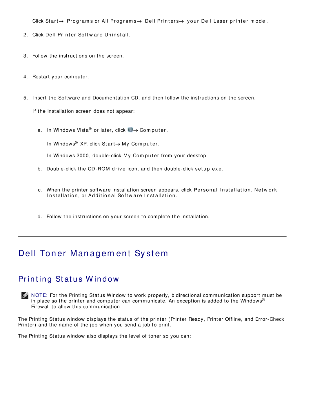 Dell 2330D/DN, 2350D/DN manual Dell Toner Management System, Printing Status Window, Windows XP, click Start My Computer 