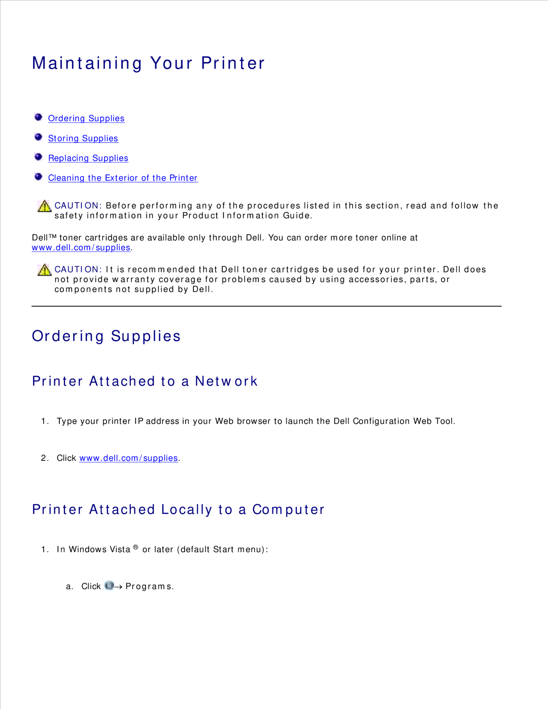Dell 2330D/DN, 2350D/DN manual Maintaining Your Printer, Ordering Supplies, Printer Attached to a Network, Click Programs 