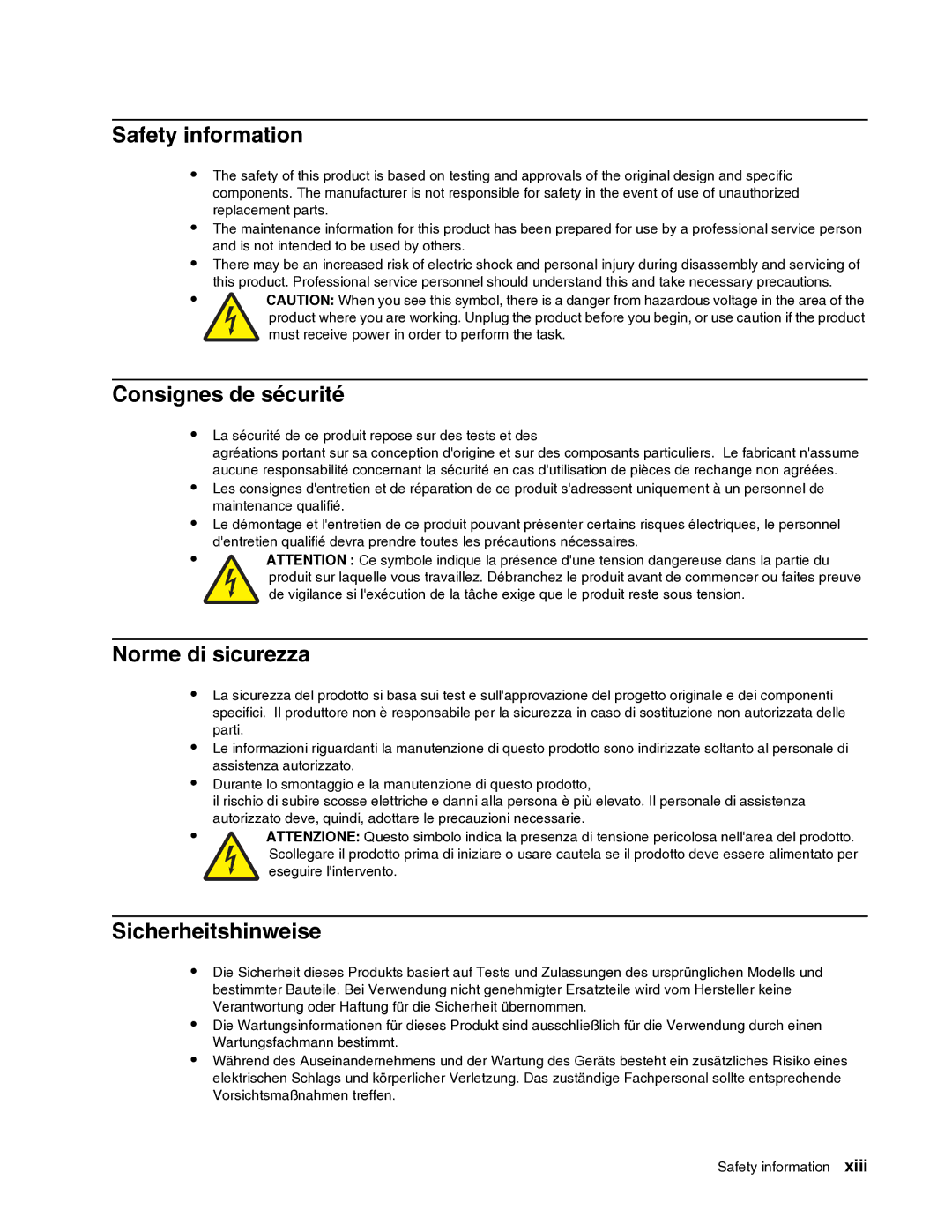 Dell 2330dn service manual Safety information, Consignes de sécurité, Norme di sicurezza, Sicherheitshinweise 