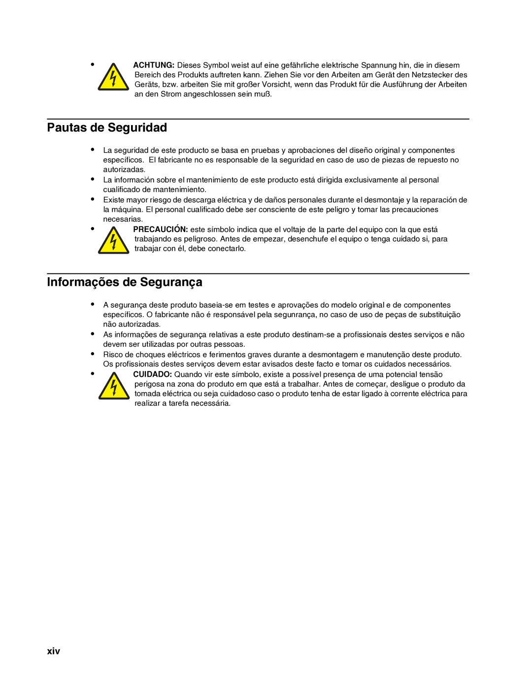 Dell 2330dn service manual Pautas de Seguridad, Informações de Segurança, Xiv 