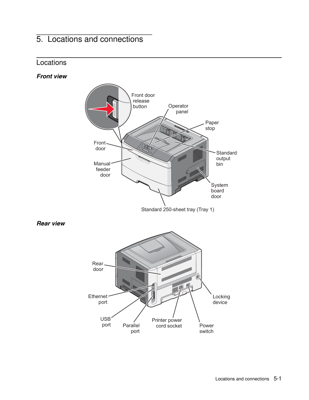 Dell 2330dn service manual Locations, Front view, Rear view 