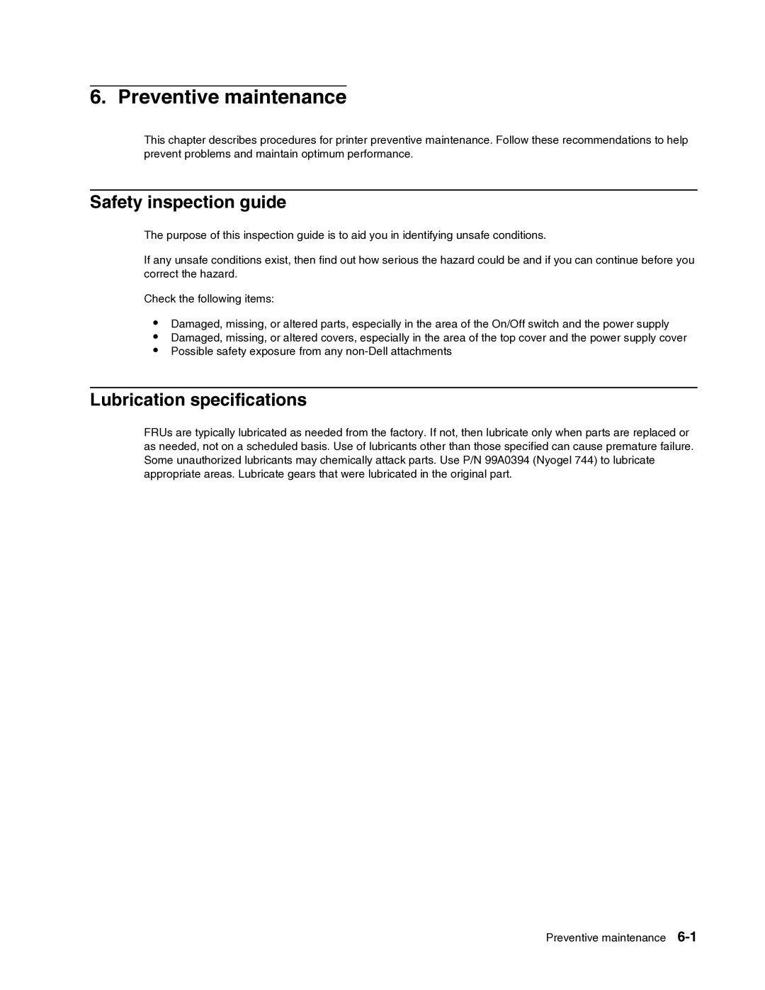 Dell 2330dn service manual Safety inspection guide, Lubrication specifications 