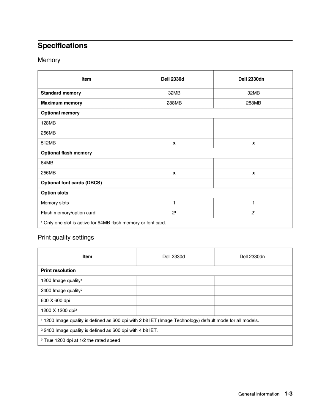 Dell 2330dn service manual Specifications, Memory, Print quality settings 