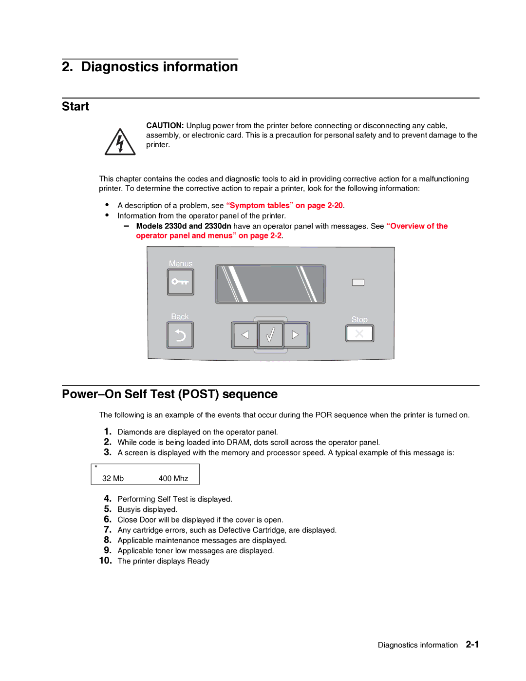 Dell 2330dn service manual Start, Power-On Self Test Post sequence 