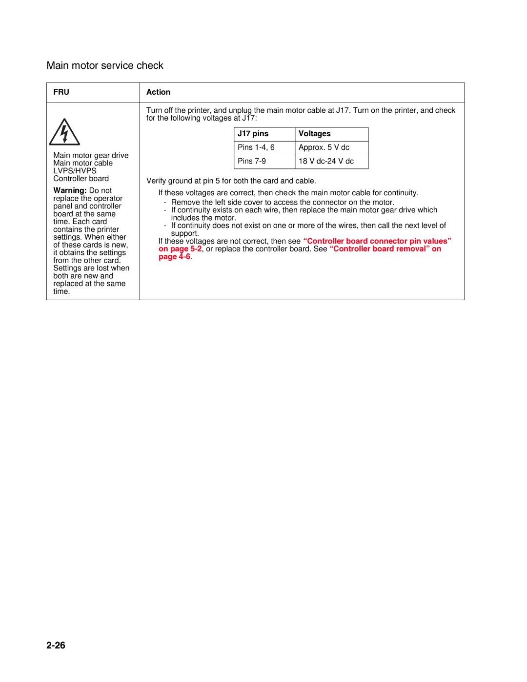 Dell 2330dn service manual Main motor service check, J17 pins Voltages 