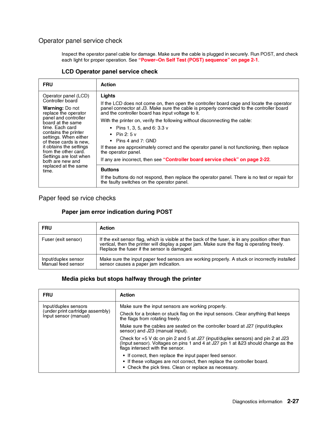 Dell 2330dn Paper feed service checks, LCD Operator panel service check, Paper jam error indication during Post 