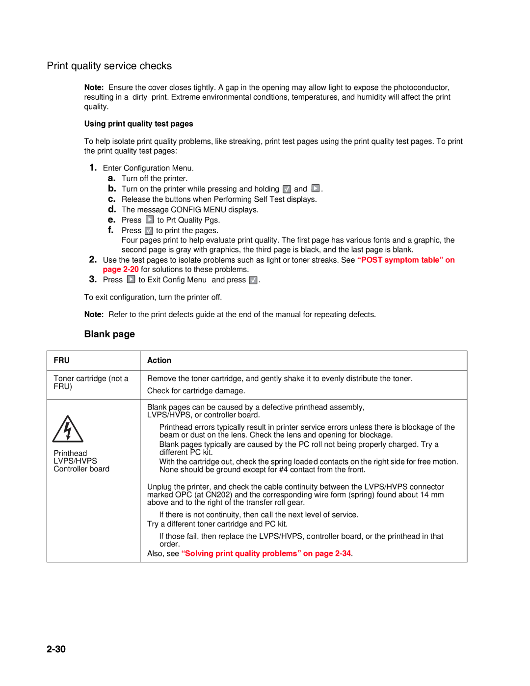 Dell 2330dn service manual Print quality service checks, Blank, Using print quality test pages, Press to Prt Quality Pgs 