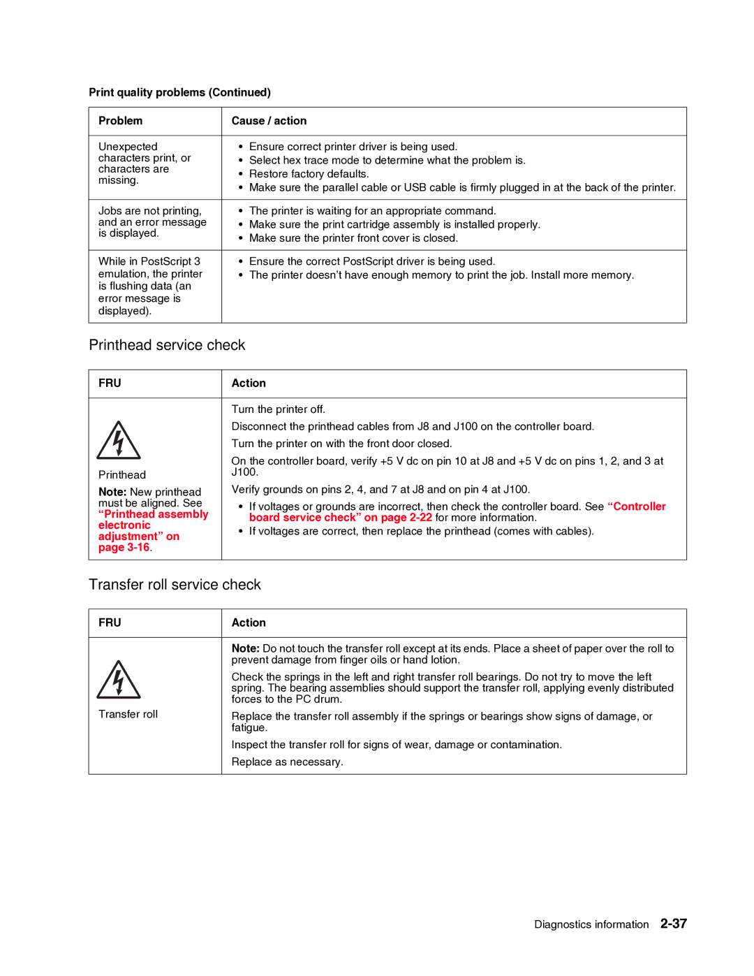 Dell 2330dn service manual Printhead service check, Transfer roll service check 