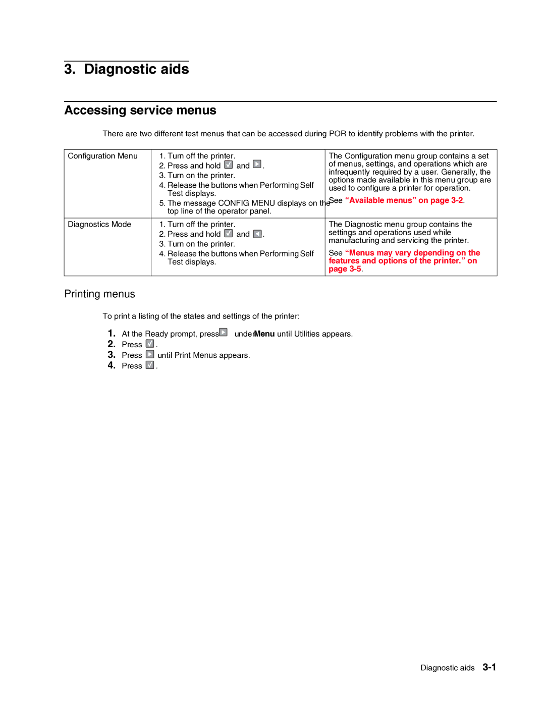 Dell 2330dn service manual Accessing service menus, Printing menus 