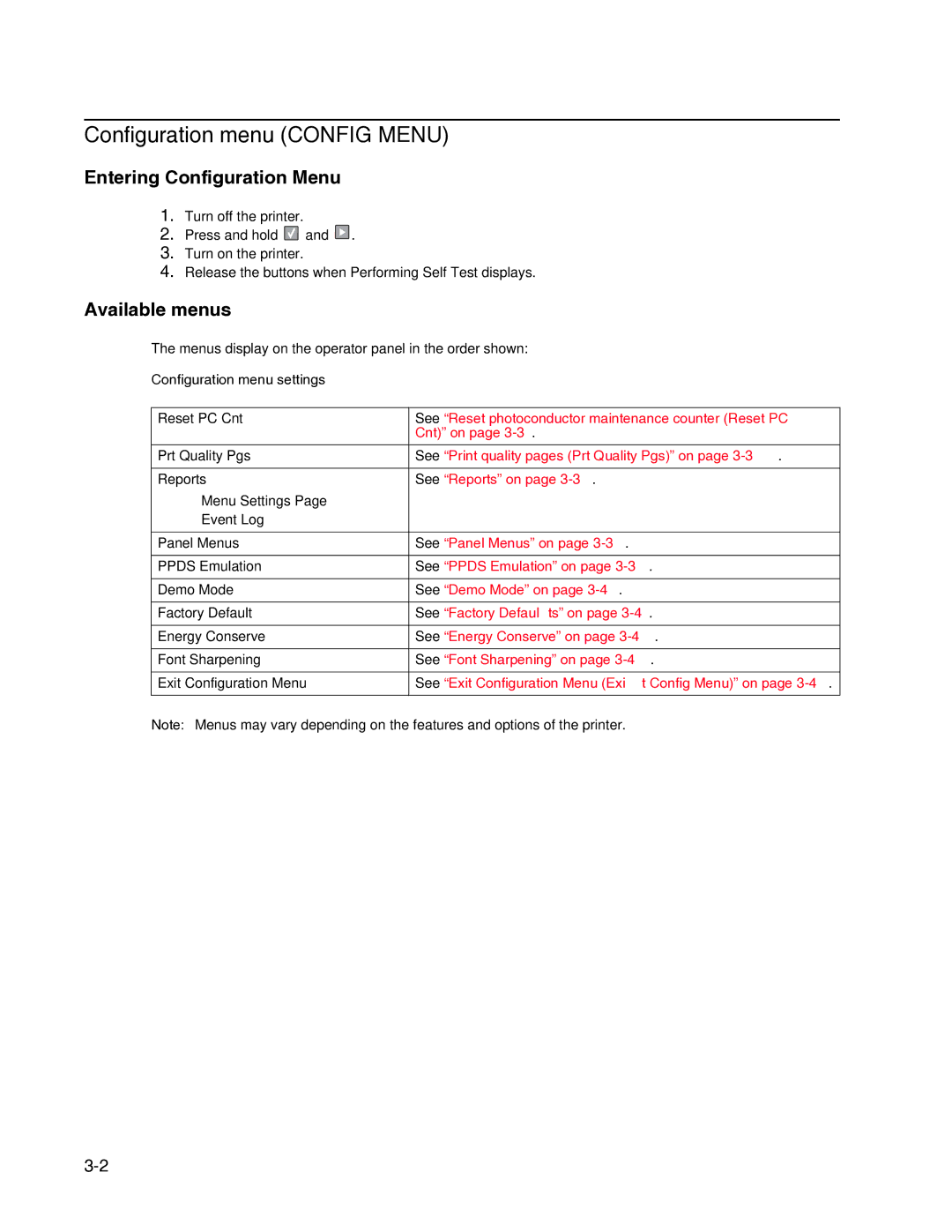 Dell 2330dn Configuration menu Config Menu, Entering Configuration Menu, Available menus, Configuration menu settings 