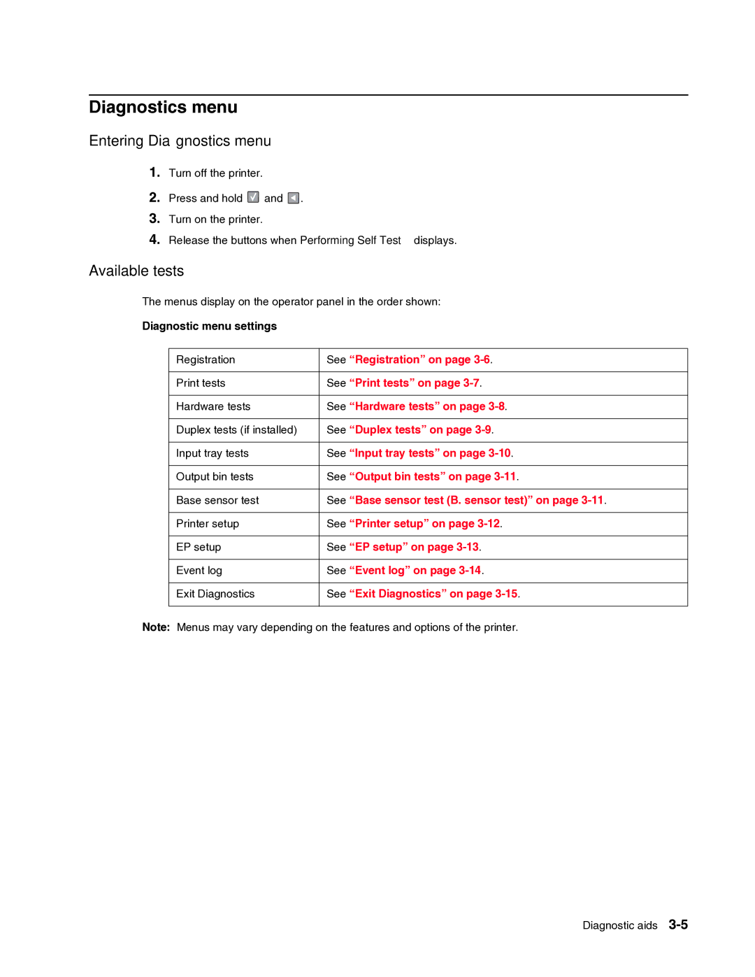 Dell 2330dn service manual Entering Diagnostics menu, Available tests, Diagnostic menu settings 