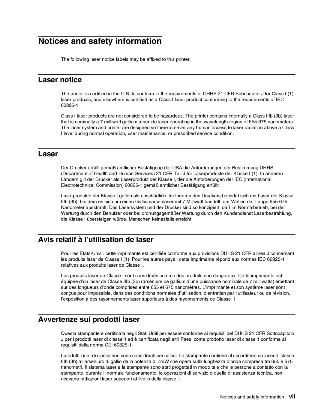 Dell 2330dn service manual Laser notice, Avis relatif à l’utilisation de laser, Avvertenze sui prodotti laser 