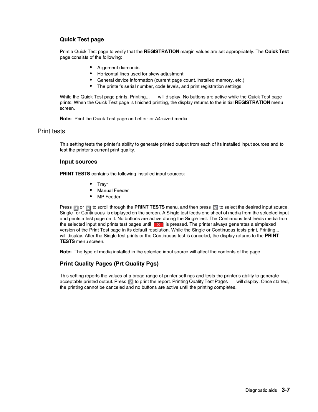 Dell 2330dn service manual Print tests, Quick Test, Input sources, Print Quality Pages Prt Quality Pgs 