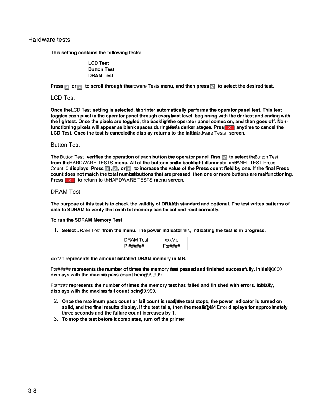 Dell 2330dn service manual Hardware tests, LCD Test, Button Test, Dram Test 