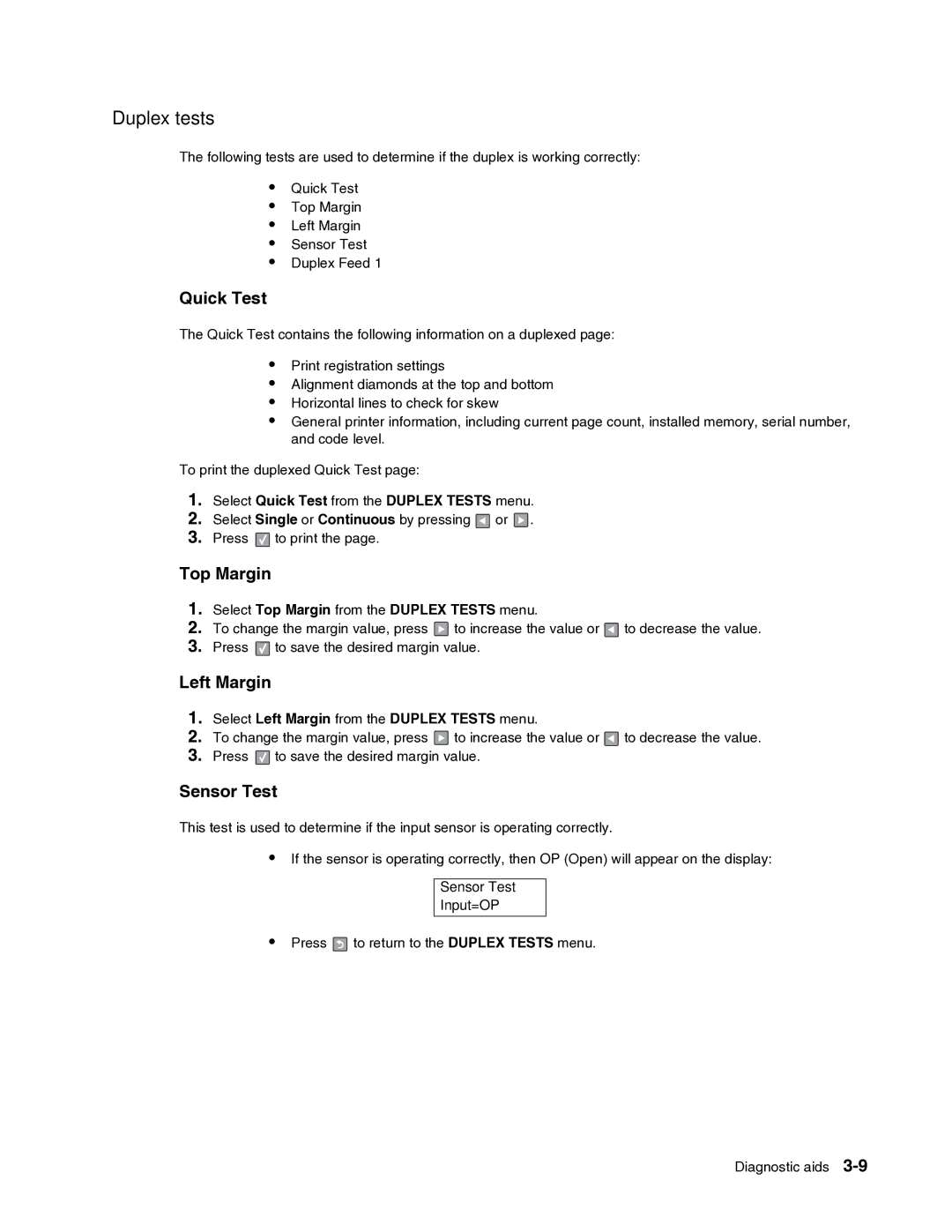 Dell 2330dn service manual Duplex tests, Top Margin, Left Margin, Sensor Test 