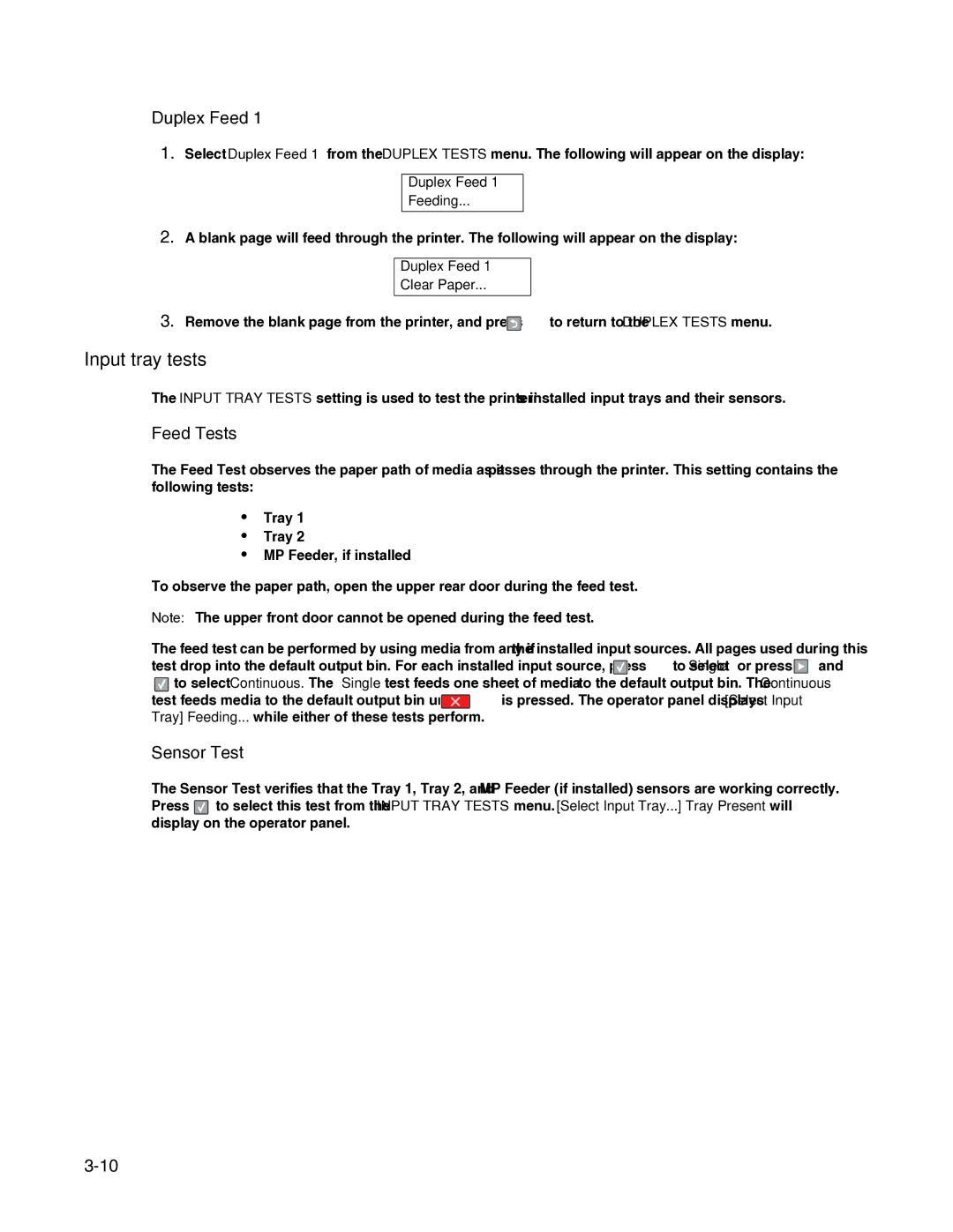 Dell 2330dn service manual Input tray tests, Duplex Feed, Feed Tests 