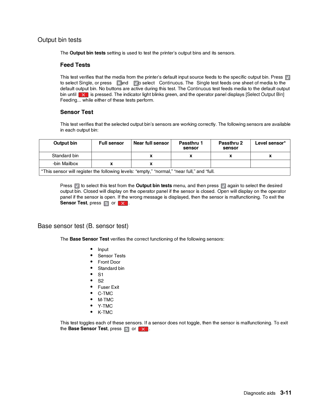 Dell 2330dn service manual Output bin tests, Base sensor test B. sensor test, Bin Mailbox 